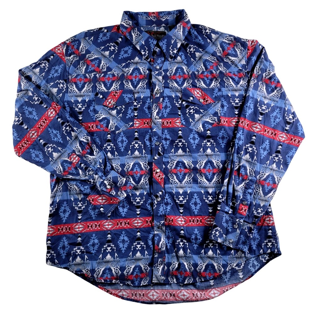 Rock & Roll Cowboy Western Shirt Men's XXL Blue Red White Black Aztec Pearl Snap